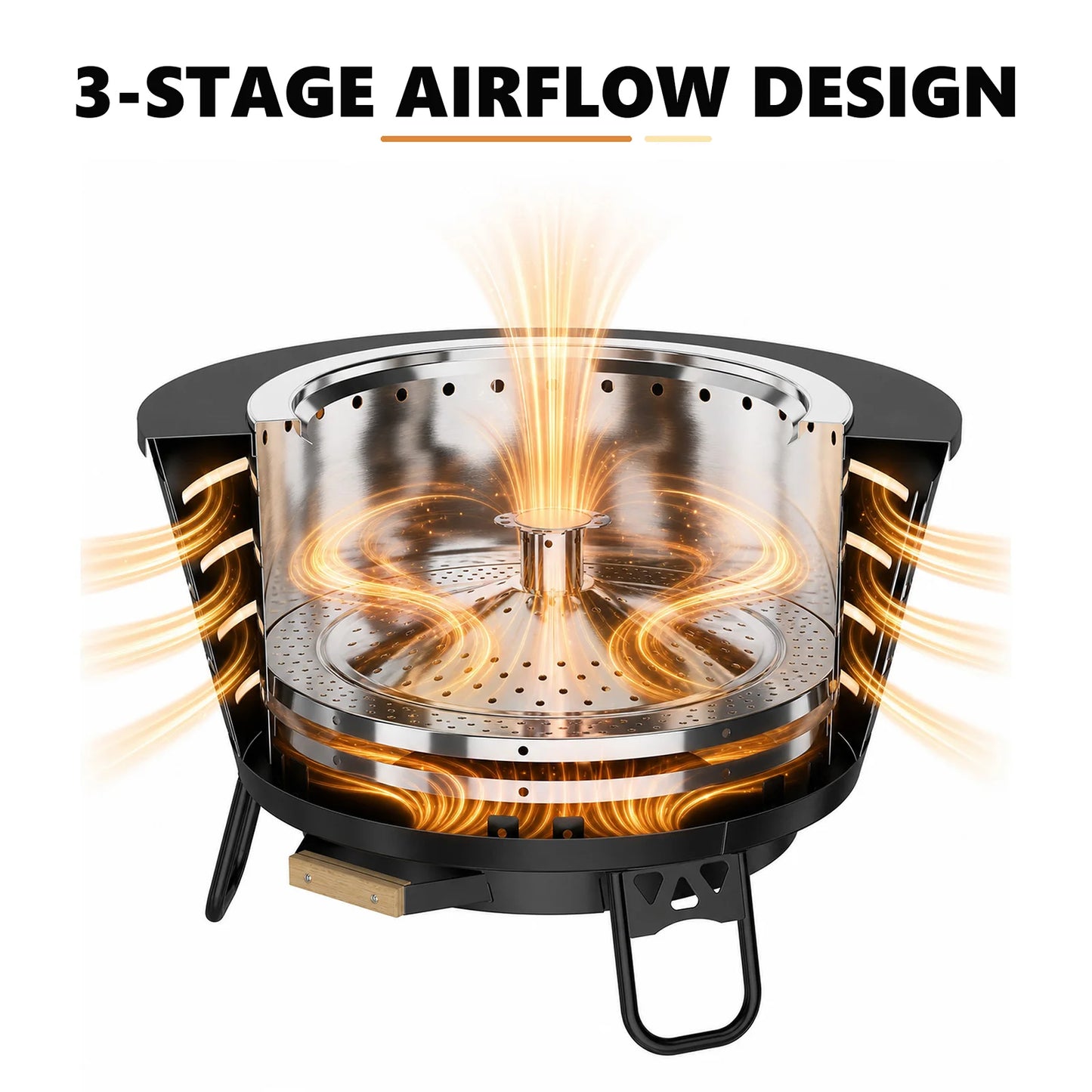 26 inch Smokeless Fire Pit - Triple Burn Technology, with Support Legs, Ash Pan & Tools for Backyard, Patio, Garden