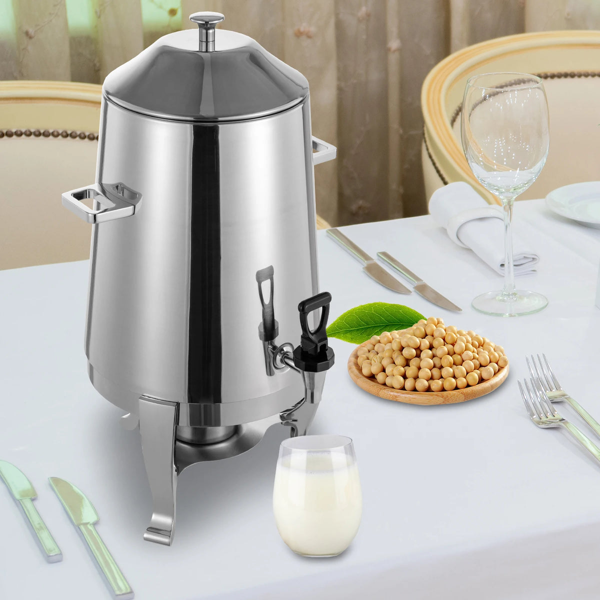 Alcohol Warmed Hot Drink Dispenser, Free Standing Stainless Beverage Container Insulated Anti-scald Handle Spill Control Tap Detachable Bottom Mounting Base Restaurant Buffet Milk Chocolate Holding Equipment