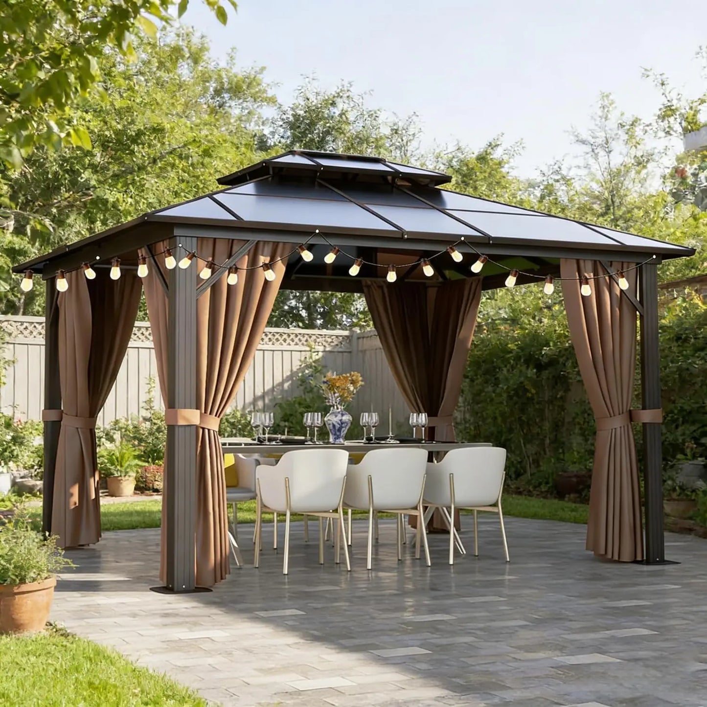10'x12' Hardtop Gazebo, Aluminum Frame Permanent Pavilion with String Lights,Curtains and Netting, Outdoor Metal Gazebo, Custom