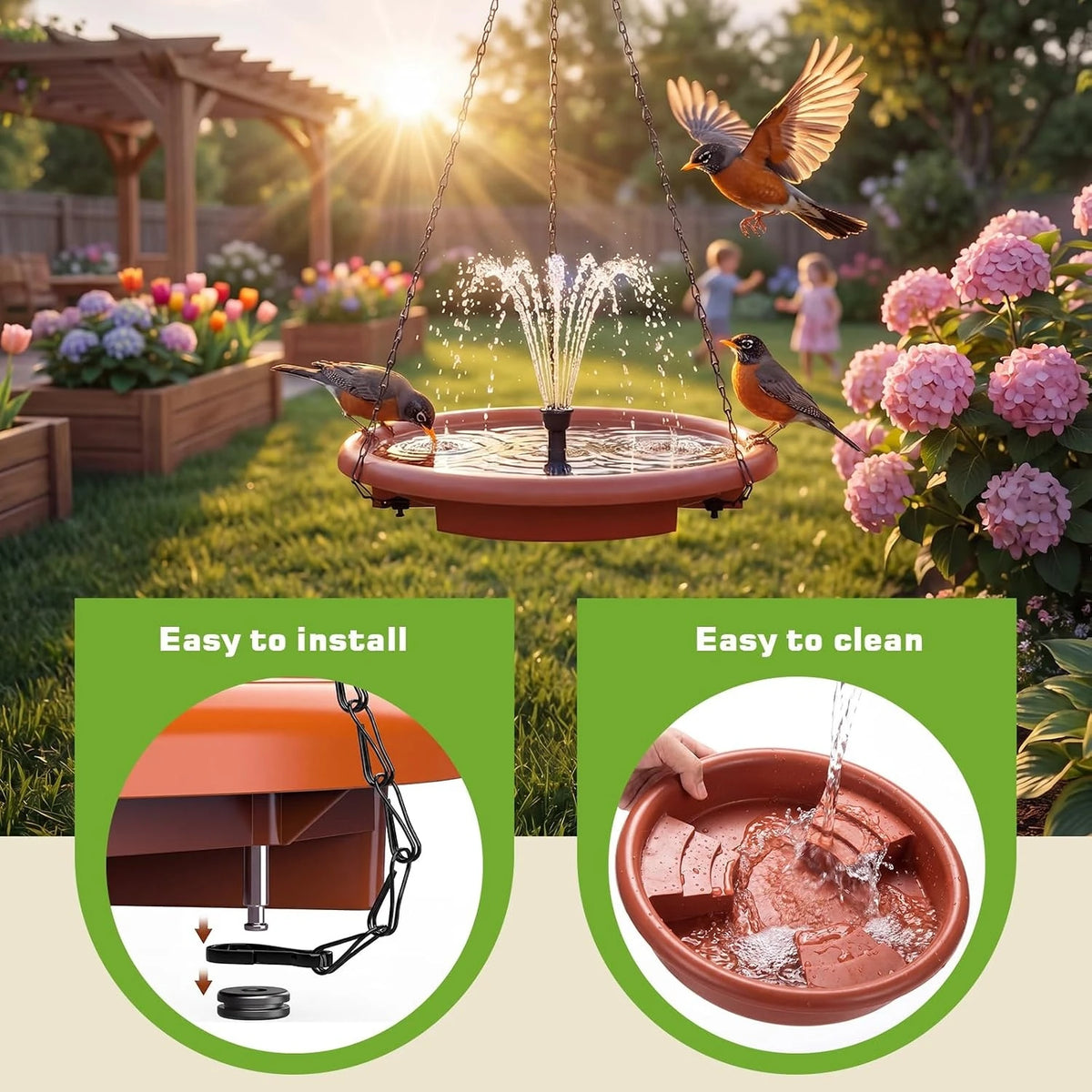 Solar Hanging Bird Bath With Fountain And Tiered Stand Design