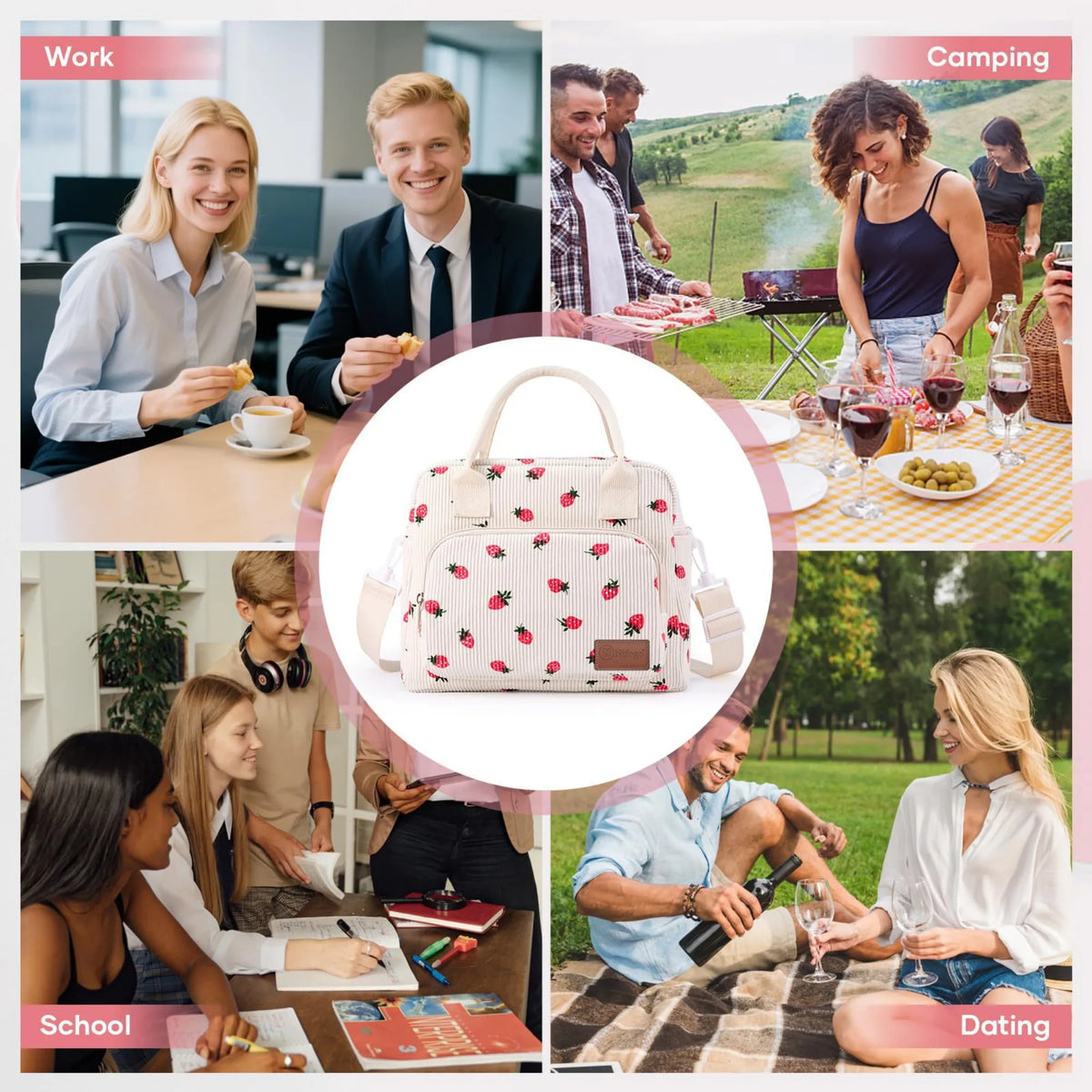 Cute Strawberry Print Insulated Lunch Bag, Corduroy Thermal Cooler Tote with Adjustable Shoulder Strap, Leakproof Portable Lunch Box Carrier for Work School Picnic