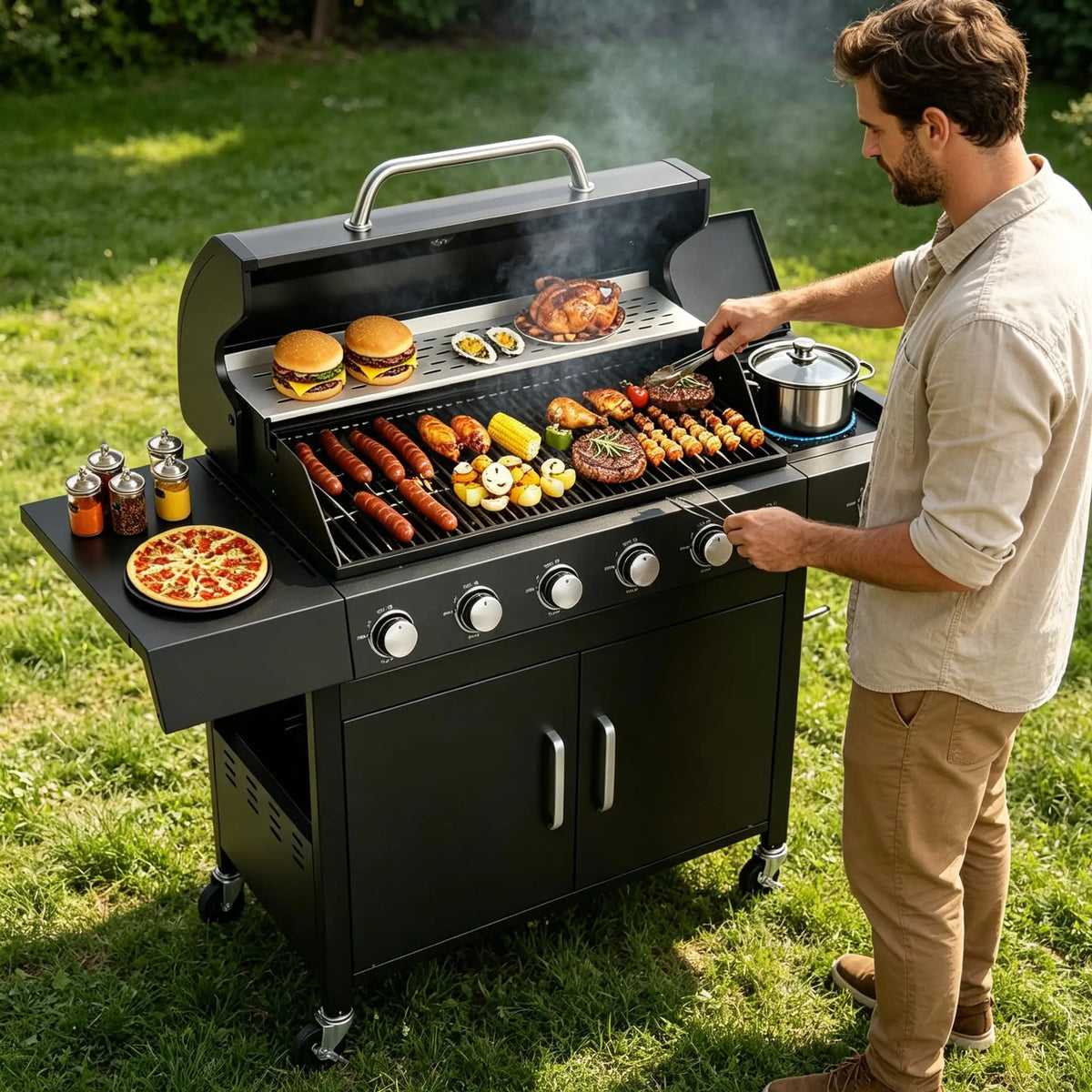 Outdoor Gas Grill with Side Burner, Warming Rack, Storage Cabinet