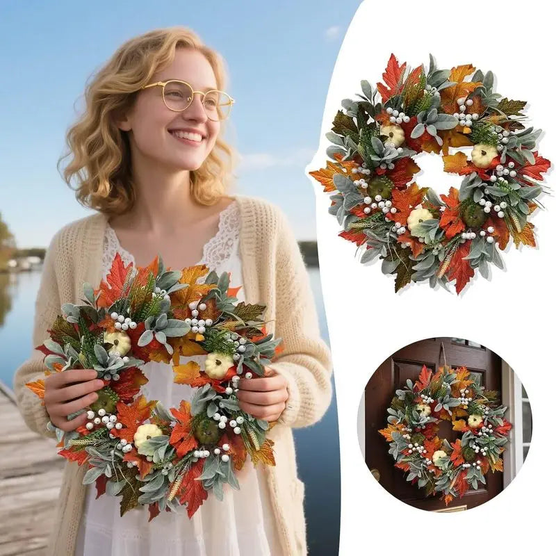 Autumn Thanksgiving Pumpkin Maple Leaf Wreath for Front Door Decor