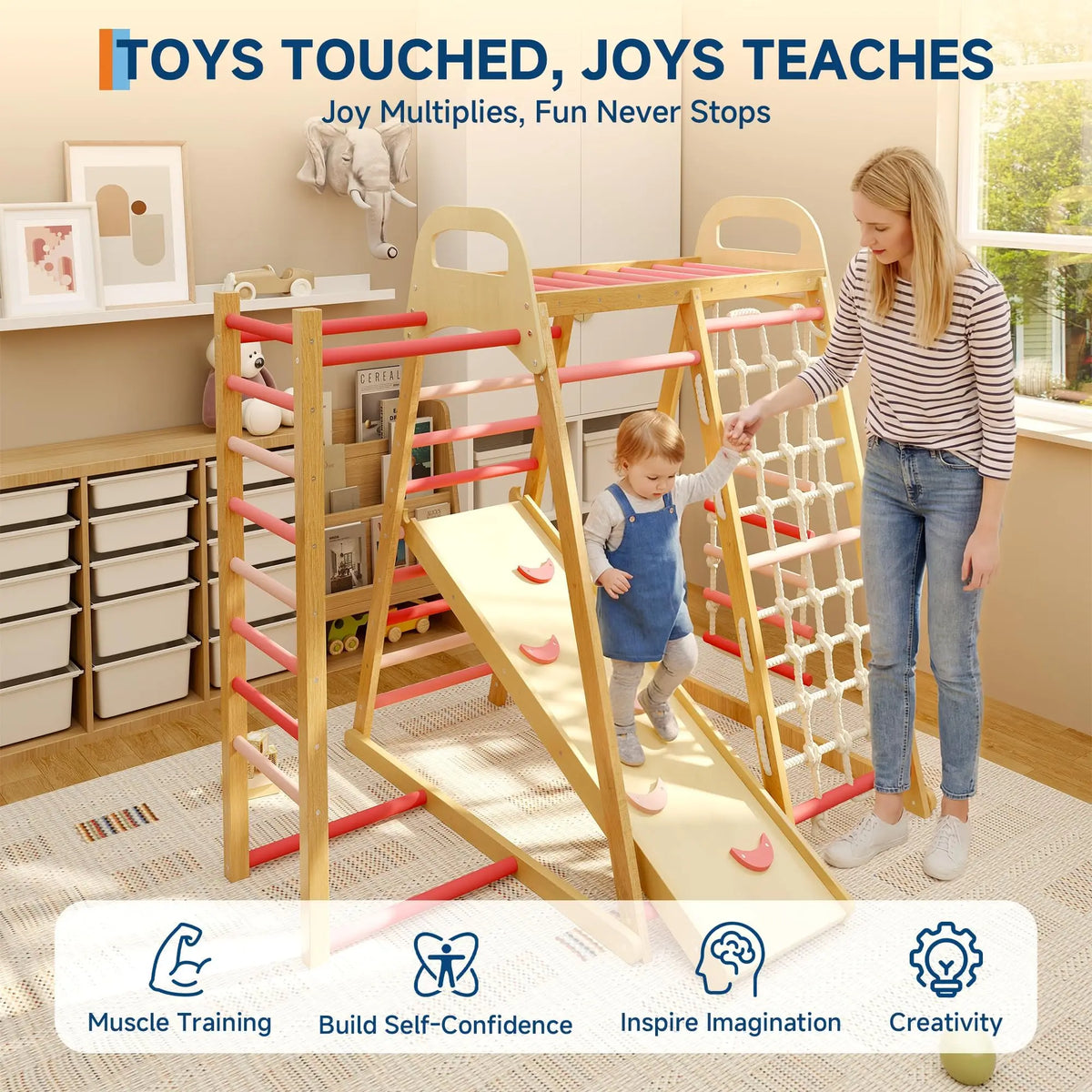 HiMiss Foldable Wooden Climbing Triangle Indoor Jungle Gym