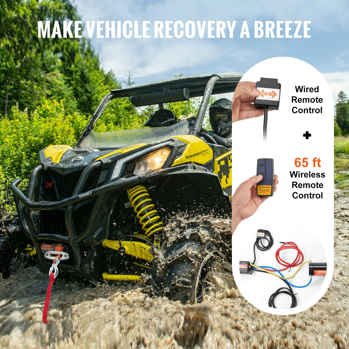 SucceBuy 4500lbs ATV/UTV Electric Winch 12V with 39ft Synthetic Rope Wireless & Wired Remote Control IP55 Waterproof for Jeeps