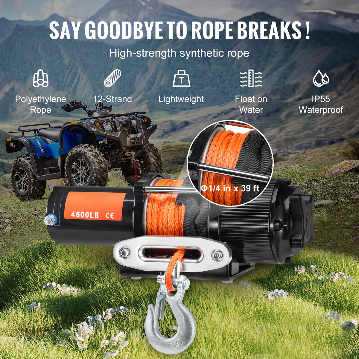 SucceBuy 4500lbs ATV/UTV Electric Winch 12V with 39ft Synthetic Rope Wireless & Wired Remote Control IP55 Waterproof for Jeeps