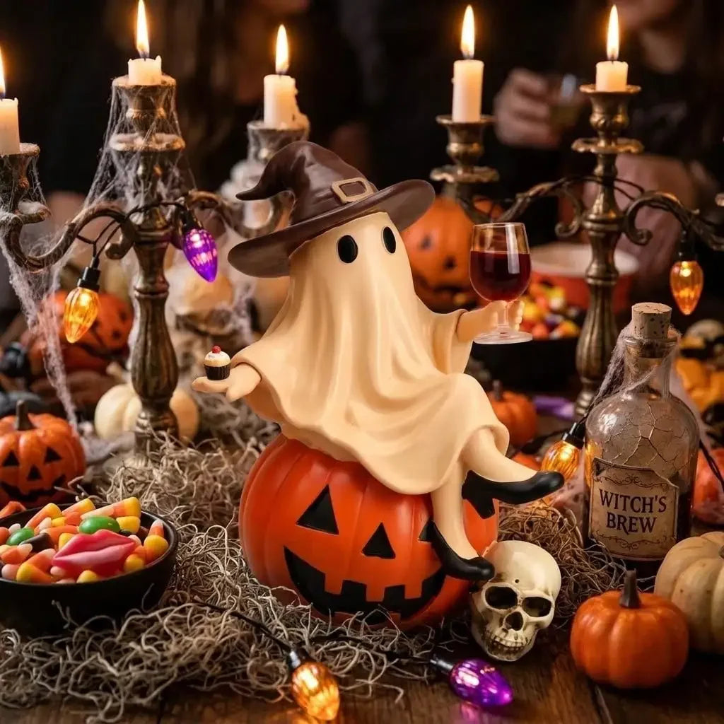 Funny Ghost Holding Wine Glass Resin Statue Halloween Decor Ornament