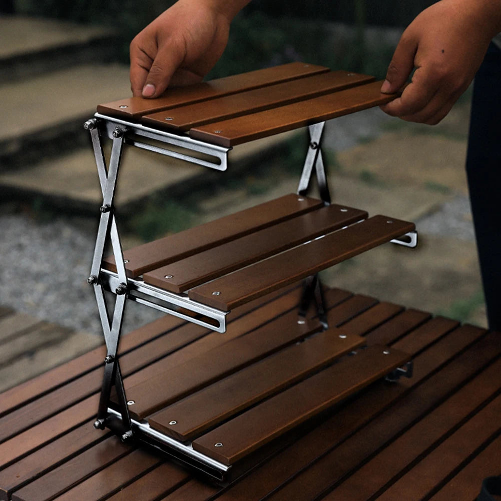 3-Tier Foldable Wooden Camping Shelf with Metal Frame Portable Countertop Storage Rack Outdoor Camping Rack Camping Accessories