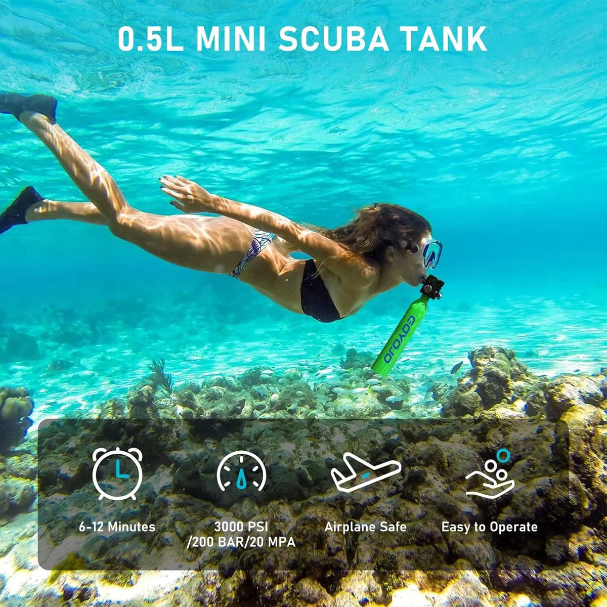 GOYOJO Mini Scuba Tank 0.5L Portable Reusable Diving Tank With flashlight Emergency Diving Cylinder for Snorkeling, Freediving, Boat Cleaning & Air Backup Lightweight & Compact Design Pony Bottle