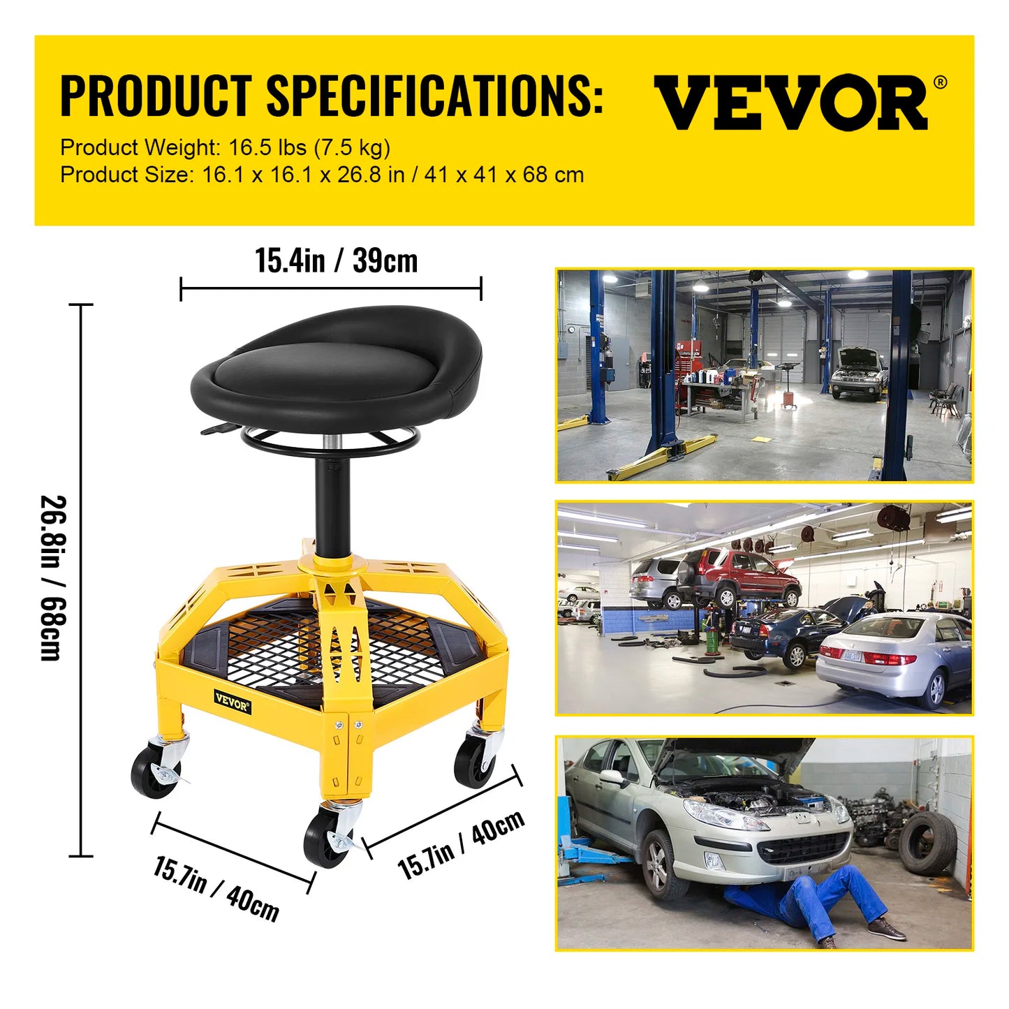 SucceBuy Adjustable Rolling Garage Stool With Tool Tray And Casters