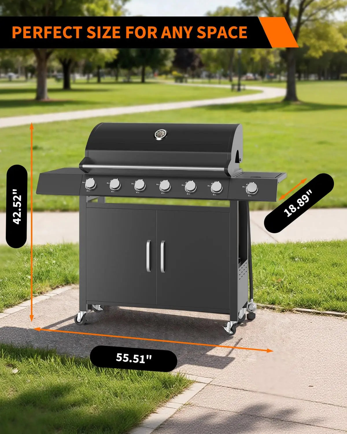 Outdoor Gas Grill with Side Burner, Warming Rack, Storage Cabinet