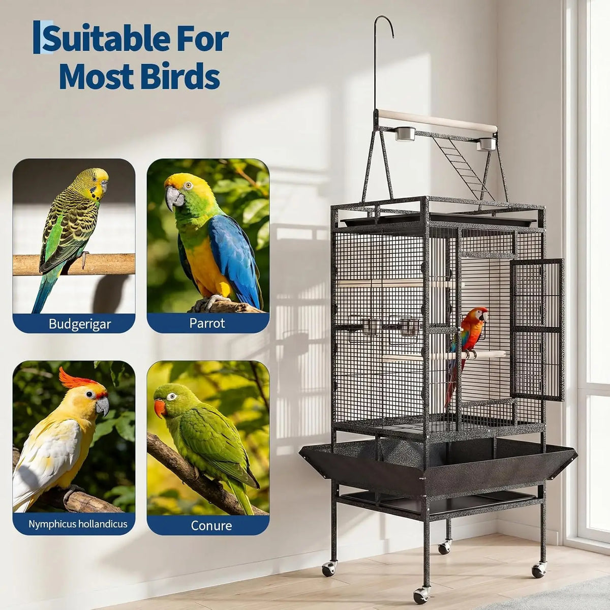 Spacious Indoor Metal Bird Cage With Play Top Stand