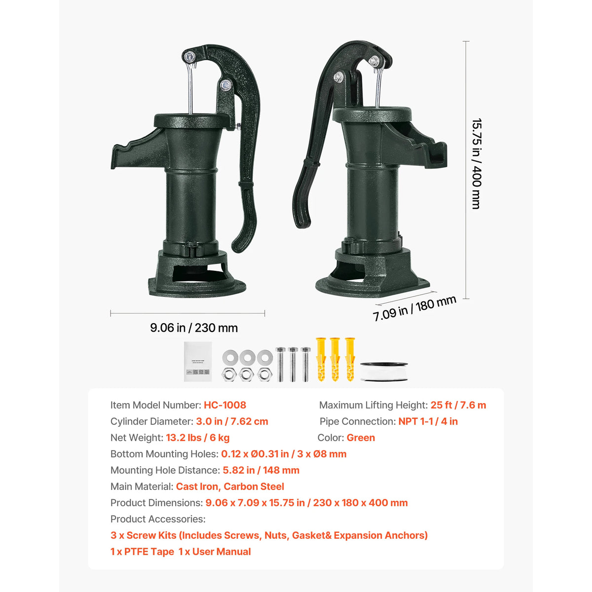 SucceBuy Well Hand Pitcher Pump 25 ft Maximum Lift Cast Iron NPT 1-1/4 in Connection for Garden Pond Farm Red/Black/Yellow/Green