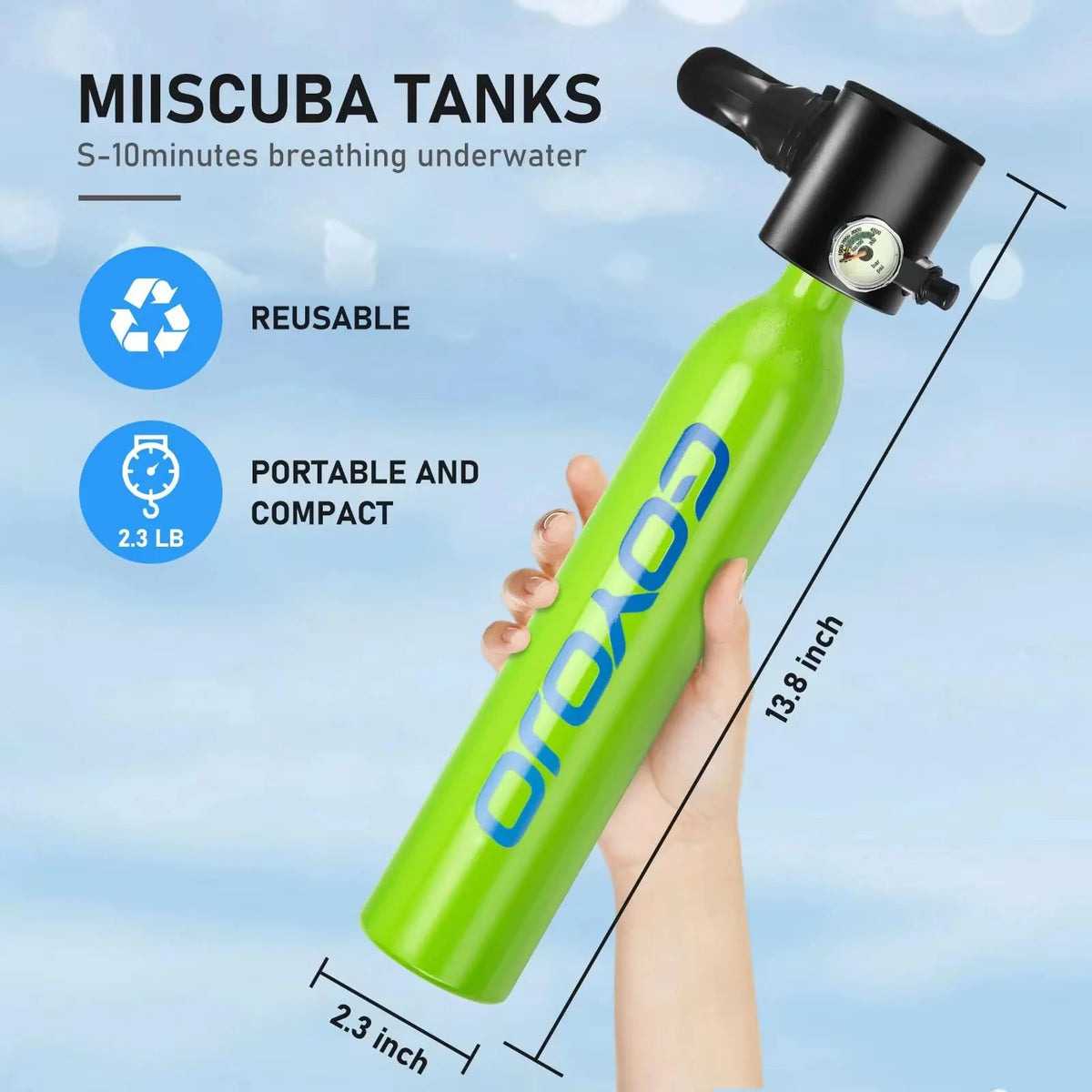 GOYOJO Mini Scuba Tank 0.5L Portable Reusable Diving Tank With flashlight Emergency Diving Cylinder for Snorkeling, Freediving, Boat Cleaning & Air Backup Lightweight & Compact Design Pony Bottle