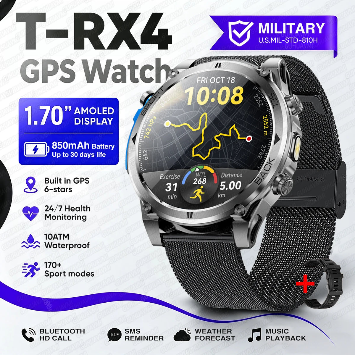 T-RX4 Rugged Outdoor GPS Smartwatch with Compass Altimeter and Barometer