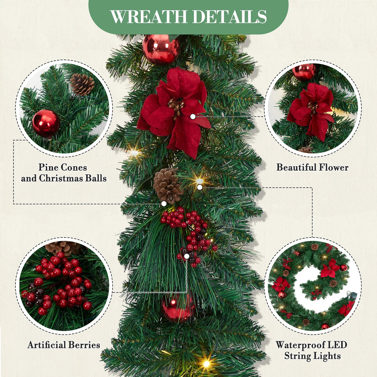 Christmas Garland With Battery Powered LED Lights And Holiday Accents