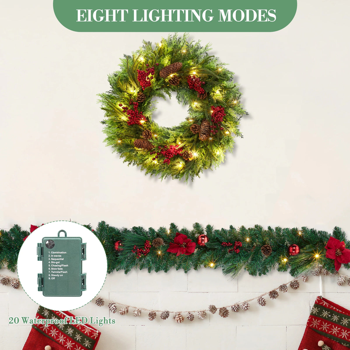 Christmas Garland With Battery Powered LED Lights And Holiday Accents