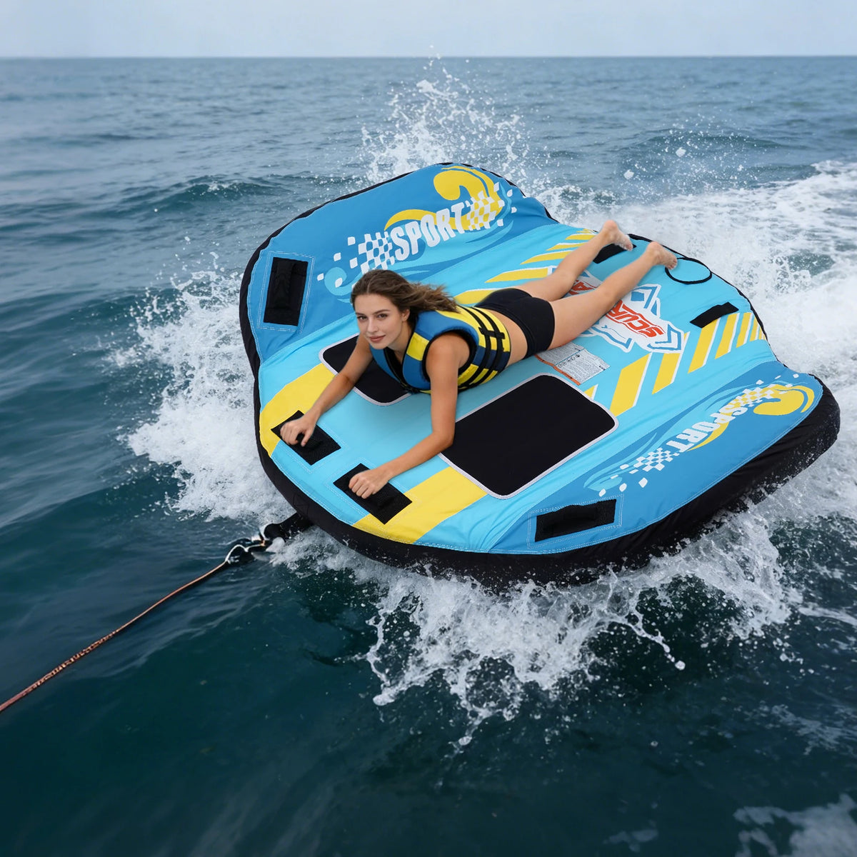 2 Person Towable Tube for Boating, Heavy Duty 420D Nylon Cover Pull Tube with Tow Points, Water Sport Tubes and Towables for Lake River Water Sports Fun