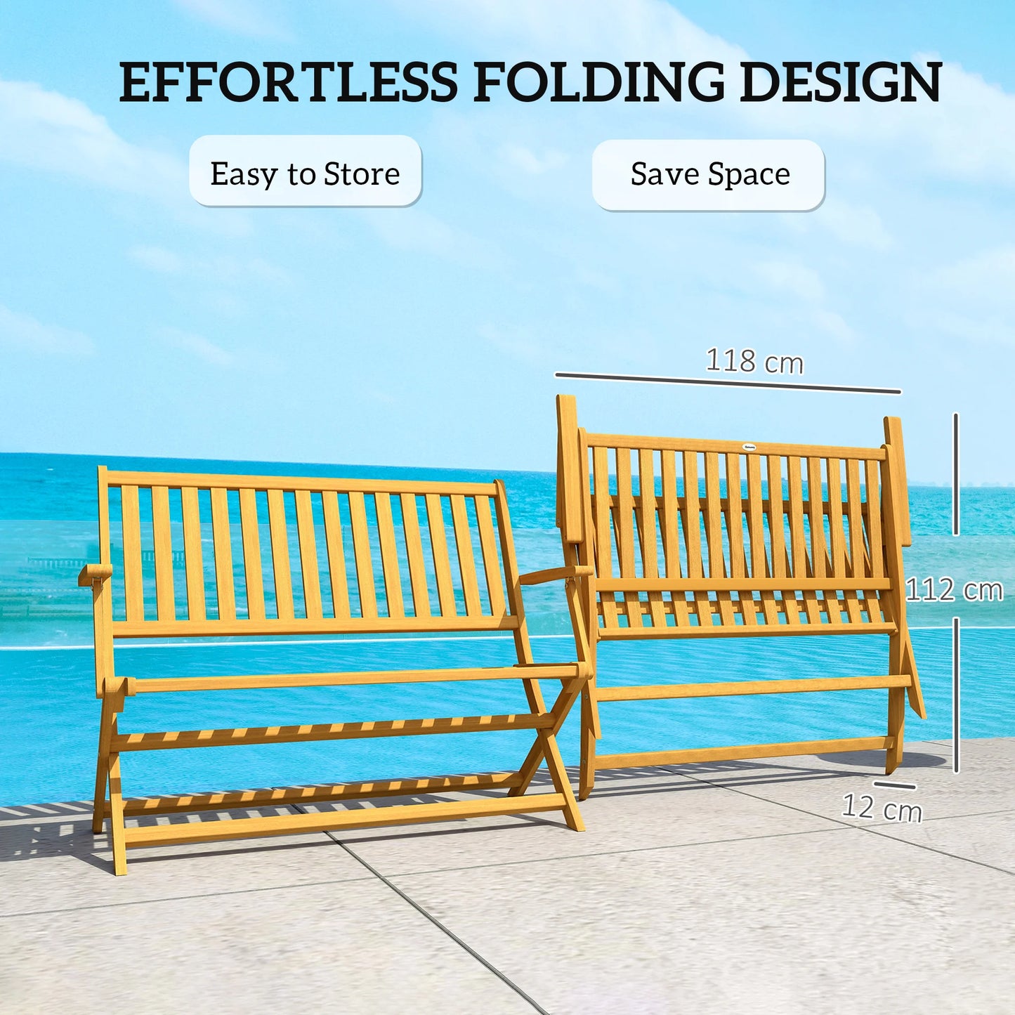 Outsunny Wood Outdoor Bench, 2-Person Foldable Patio Garden Bench, Teak