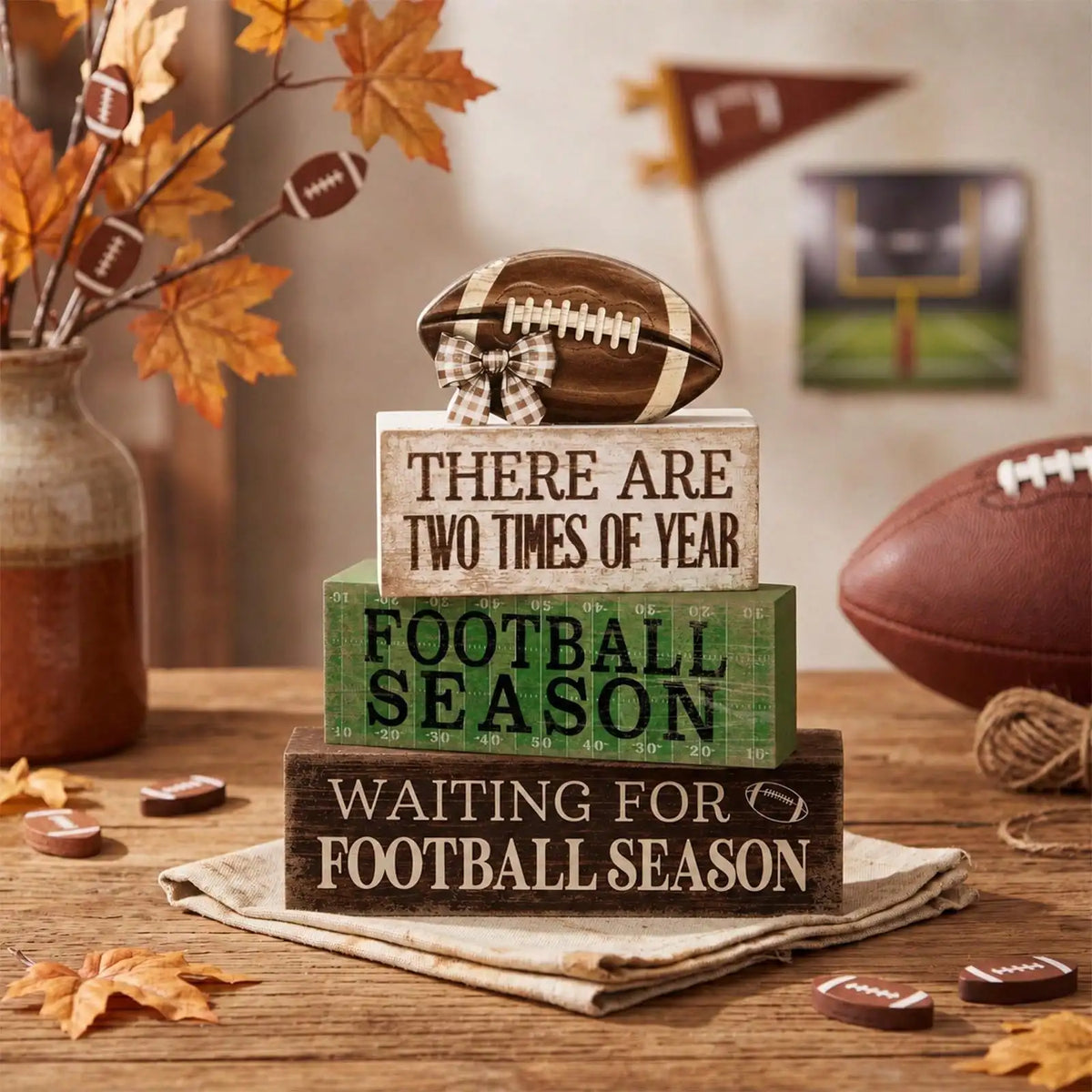 Rustic Football Season Layering Tray Stackable Wooden Block Decoration