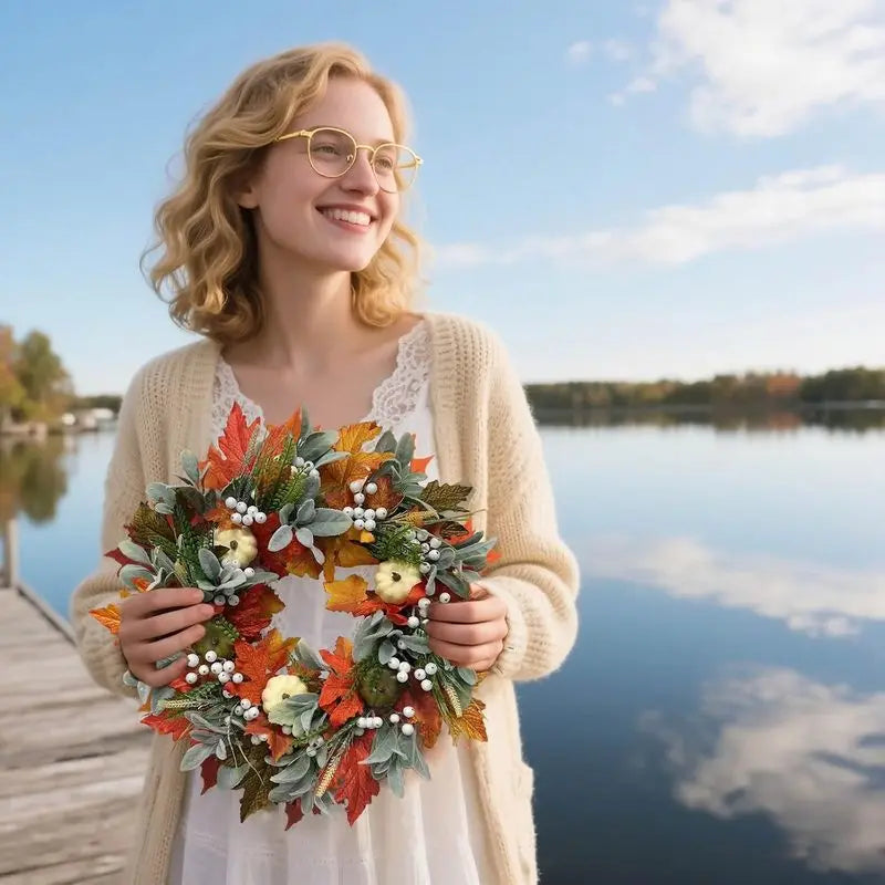 Autumn Thanksgiving Pumpkin Maple Leaf Wreath for Front Door Decor