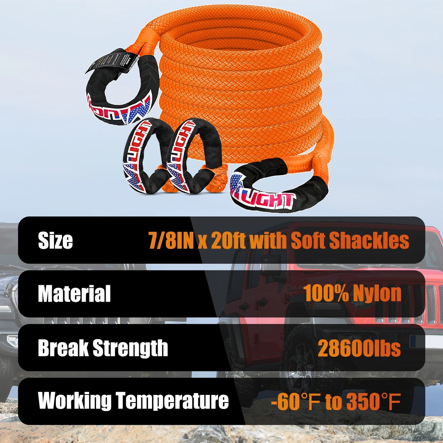 Nilight Kinetic Recovery Tow Rope 7/8" x 20ft (28,600LBS) with 2 Soft Shackle 1/2" x 24" Snatch Strap Heavy Duty Offroad Towing Strap kit for UTV ATV SUV Truck Car Jeep Tractor