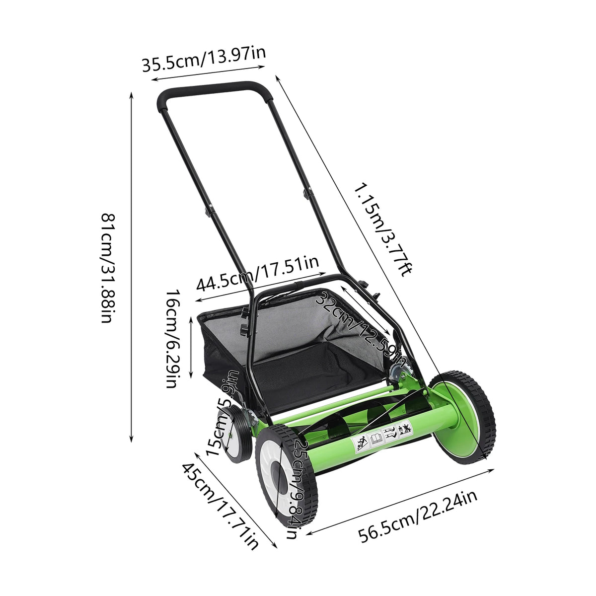 16 Inch Manual Push Reel Lawn Mower 5-Blade Cordless Lawn Mower with 4 Wheels and Removable Grass Catcher for Home Garden Yard