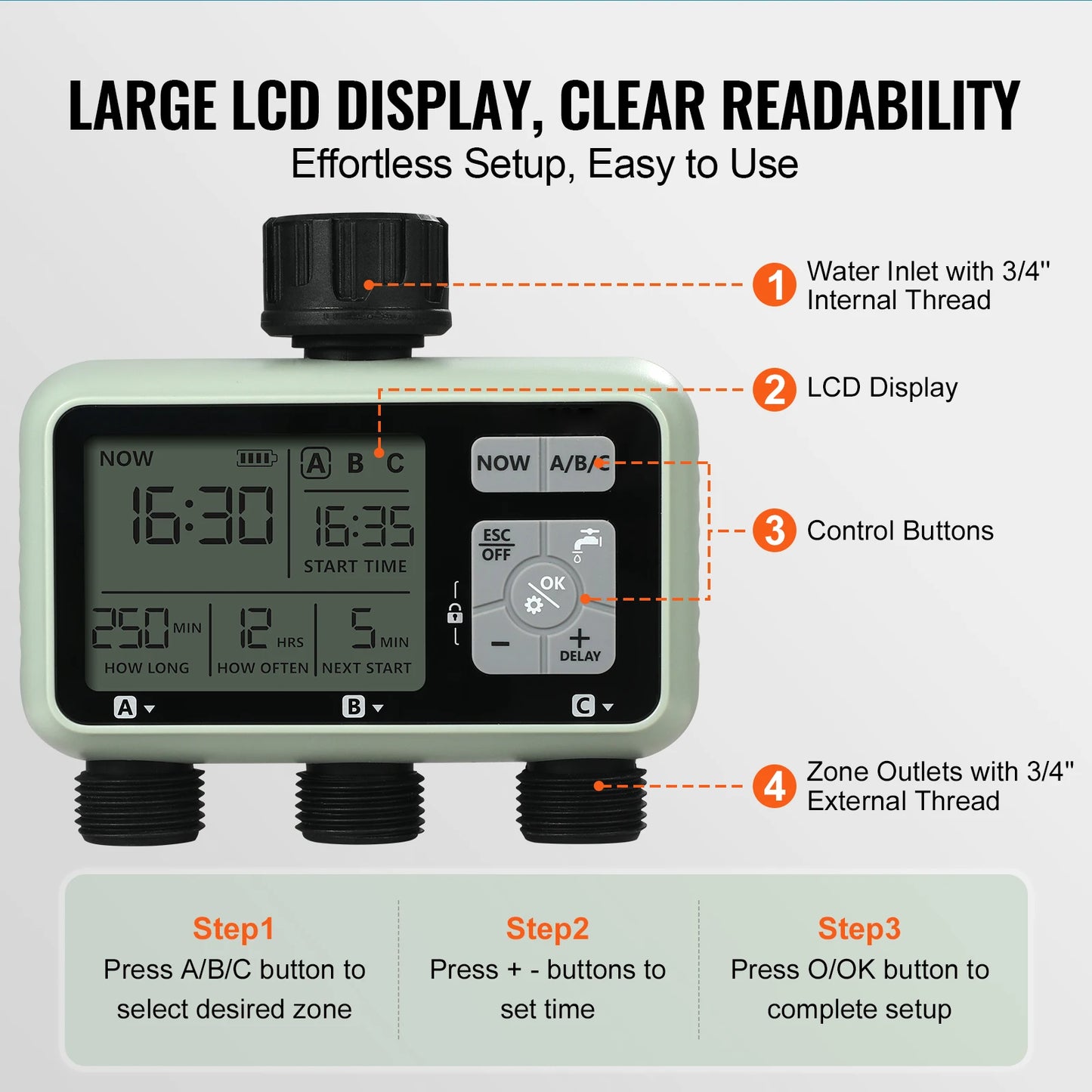 SucceBuy 3 Outlet Water Timer LCD Display Rain Delay Mode