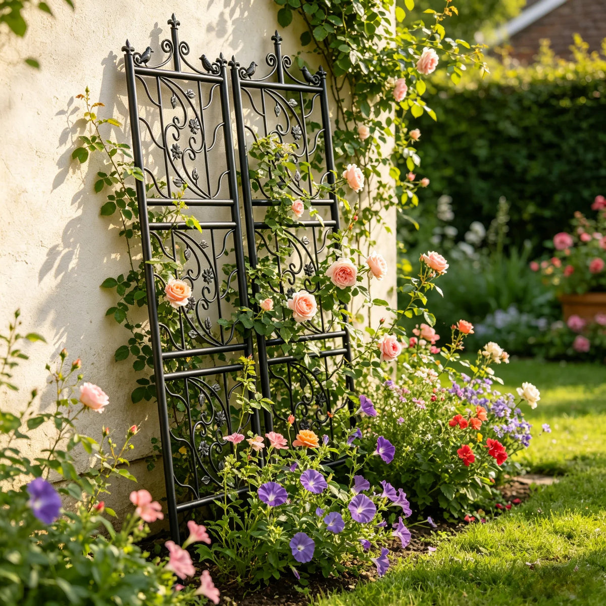 2x Tall Thick Metal Garden Trellis Bird Leaf Grid Panel Support Climbing Trellis