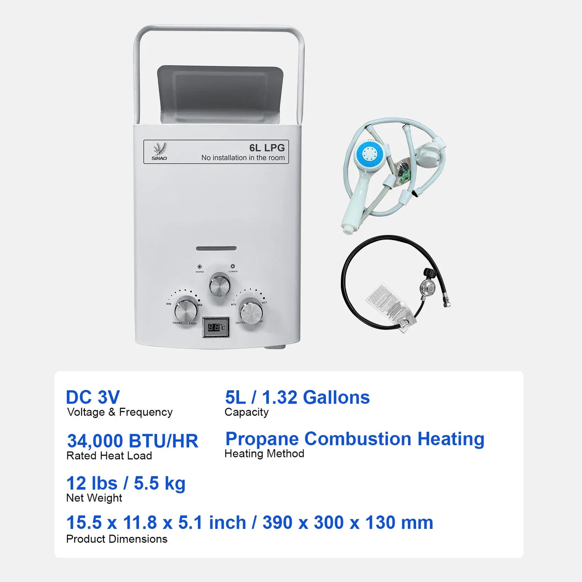 SIHAO 6L Instant Gas Water Heater with Digital Display — Portable Tankless LPG Heater for Outdoor Camping, Car Travel, RV, and Home Bathroom Hot Water Supply