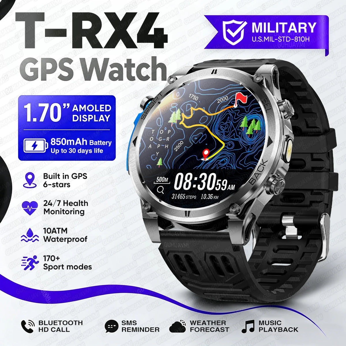T-RX4 Rugged Outdoor GPS Smartwatch with Compass Altimeter and Barometer