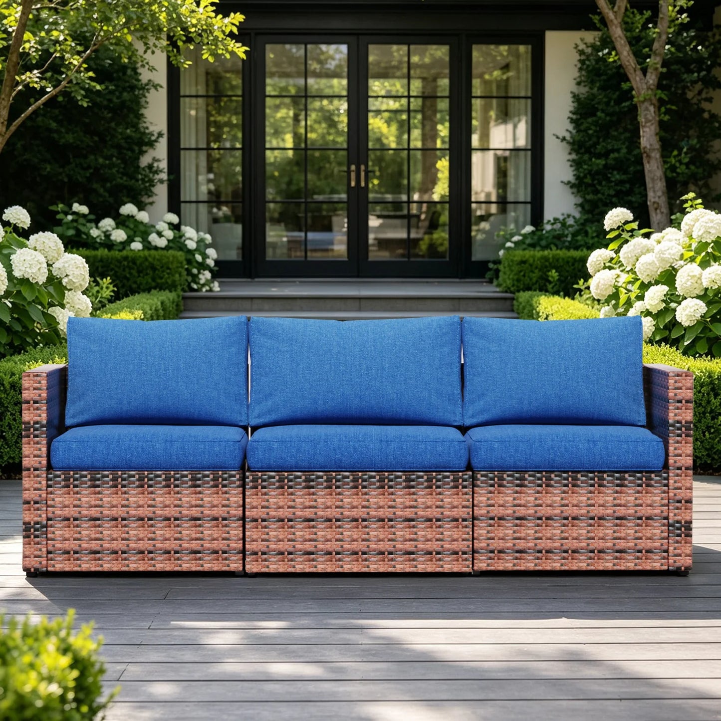 Outdoor Patio Furniture Set, 3-Seat PE Rattan Patio Furniture Sofa with Adjustable Feet & Thick Blue Cushions, All Weather Anti-slip Outdoor Furniture Couch, Durable Outdoor Patio Furniture Set for Poolside, Garden & Backyard