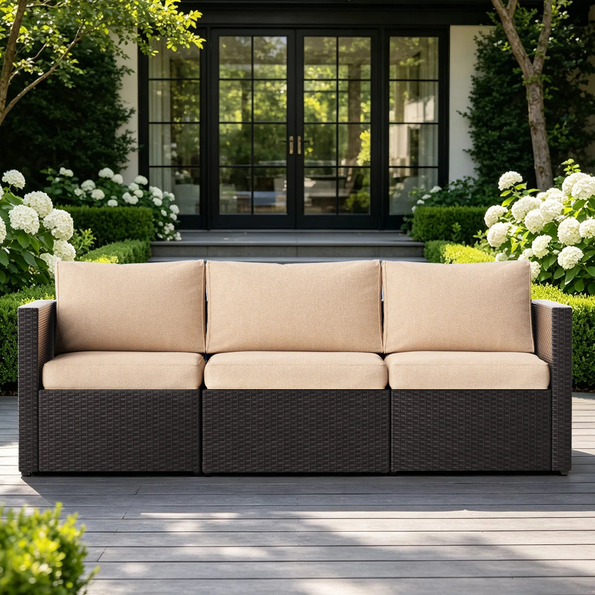 Outdoor Patio Furniture Set, 3-Seat PE Rattan Patio Furniture Sofa with Adjustable Feet & Thick Blue Cushions, All Weather Anti-slip Outdoor Furniture Couch, Durable Outdoor Patio Furniture Set for Poolside, Garden & Backyard