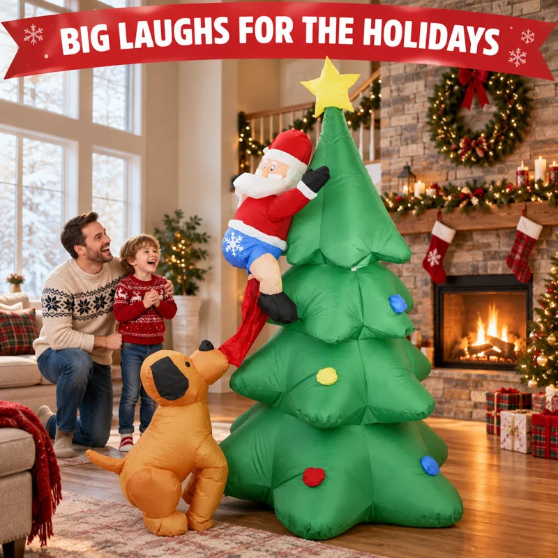 Christmas Inflatable Dog Chasing Santa Climbing Tree With LED Lights