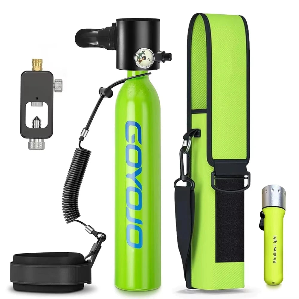 GOYOJO Mini Scuba Tank 0.5L Portable Reusable Diving Tank With flashlight Emergency Diving Cylinder for Snorkeling, Freediving, Boat Cleaning & Air Backup Lightweight & Compact Design Pony Bottle