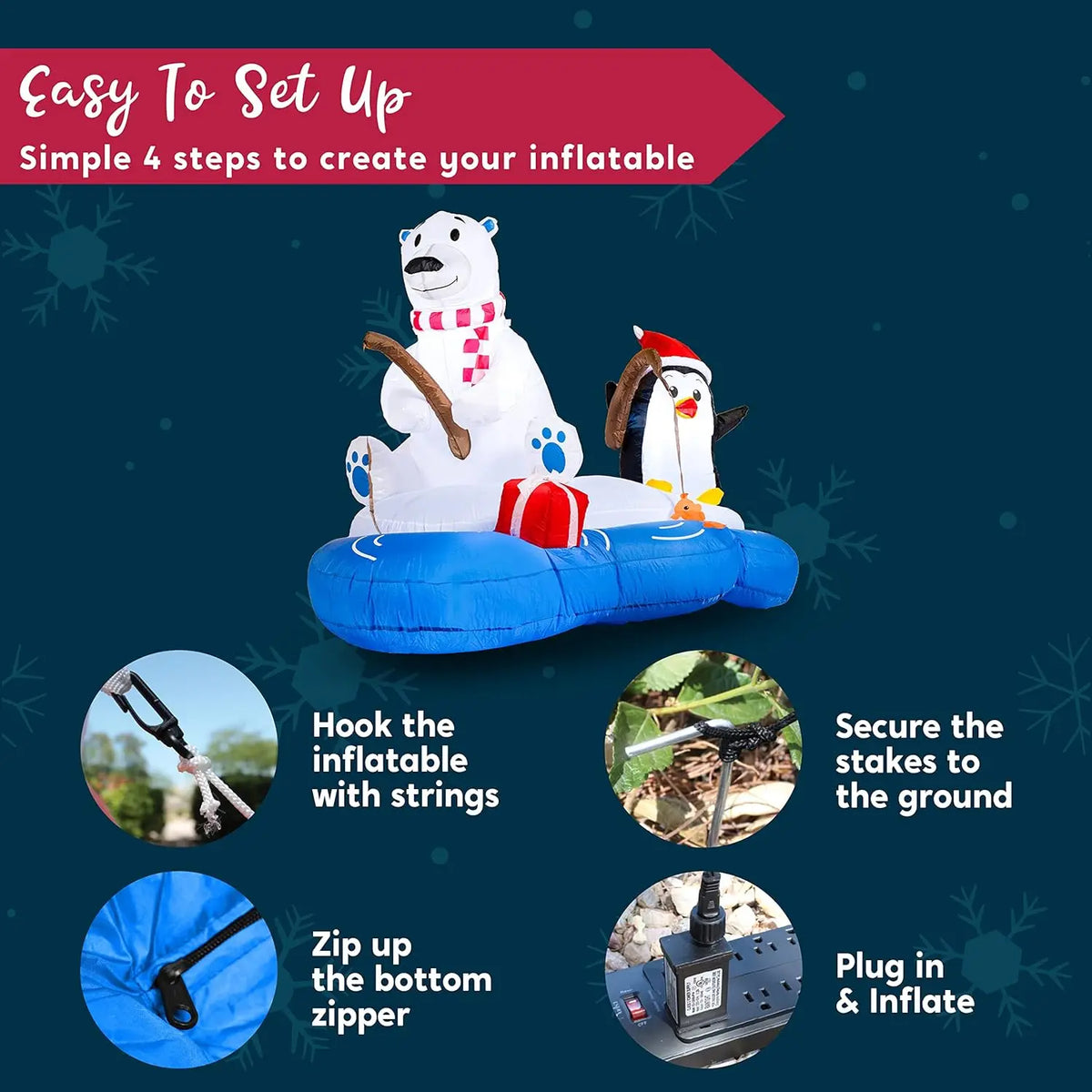 Joyfy Christmas Inflatable Polar Bear Fishing With Penguin LED Decor