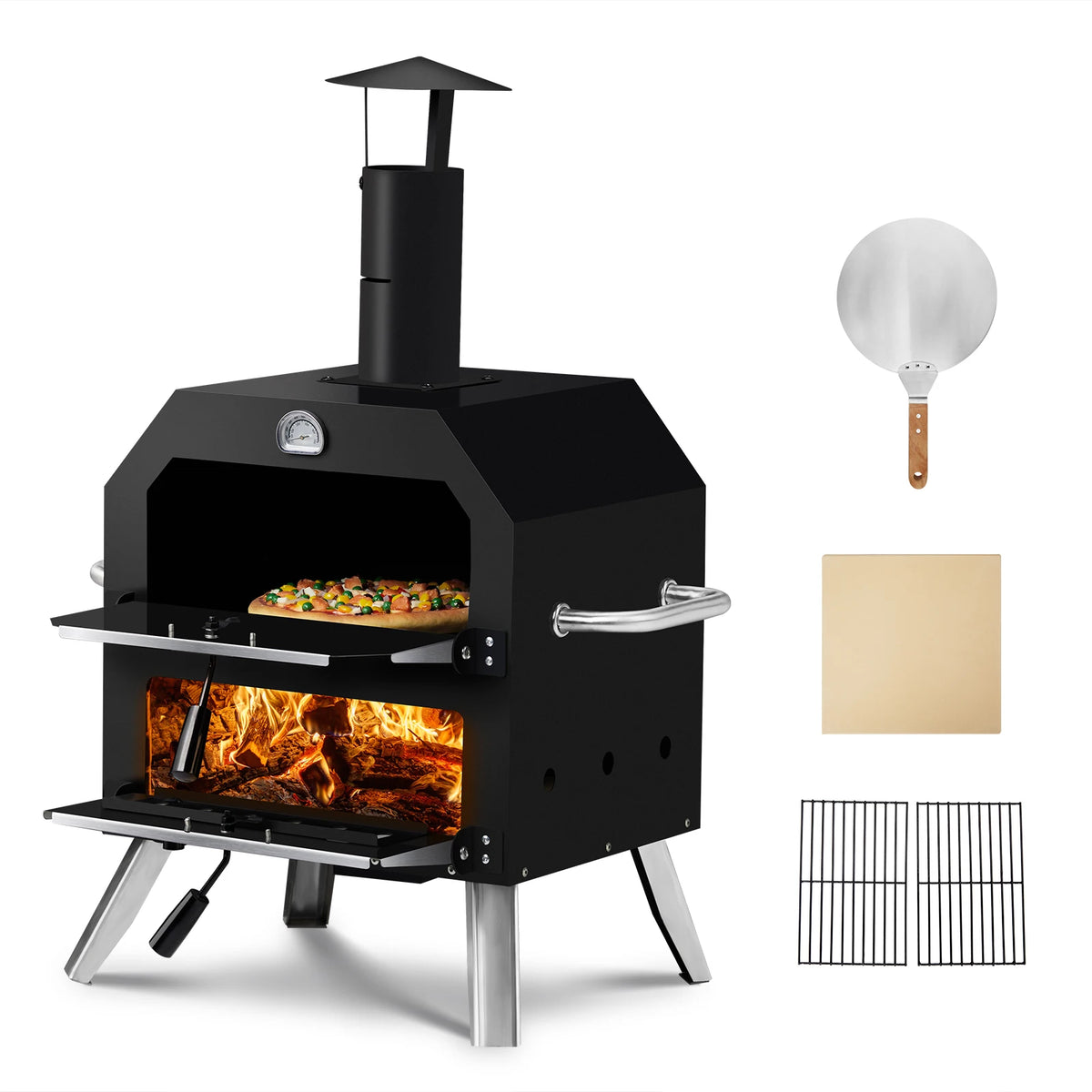 Wood Fired Outdoor Pizza Oven with Stone and Removable Rack