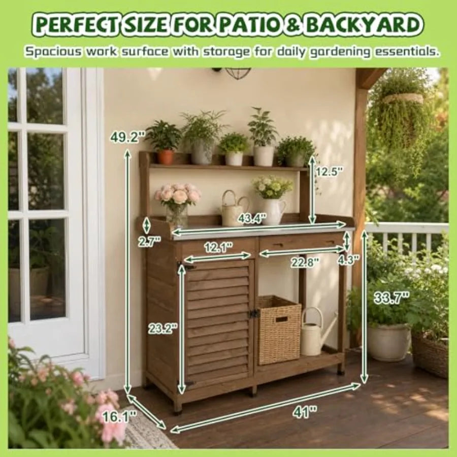Outdoor Potting Bench Table For Patio, Backyard, Garden, Greenhouse; Wooden Frame With Metal Tabletop; Natural Brown; Includes