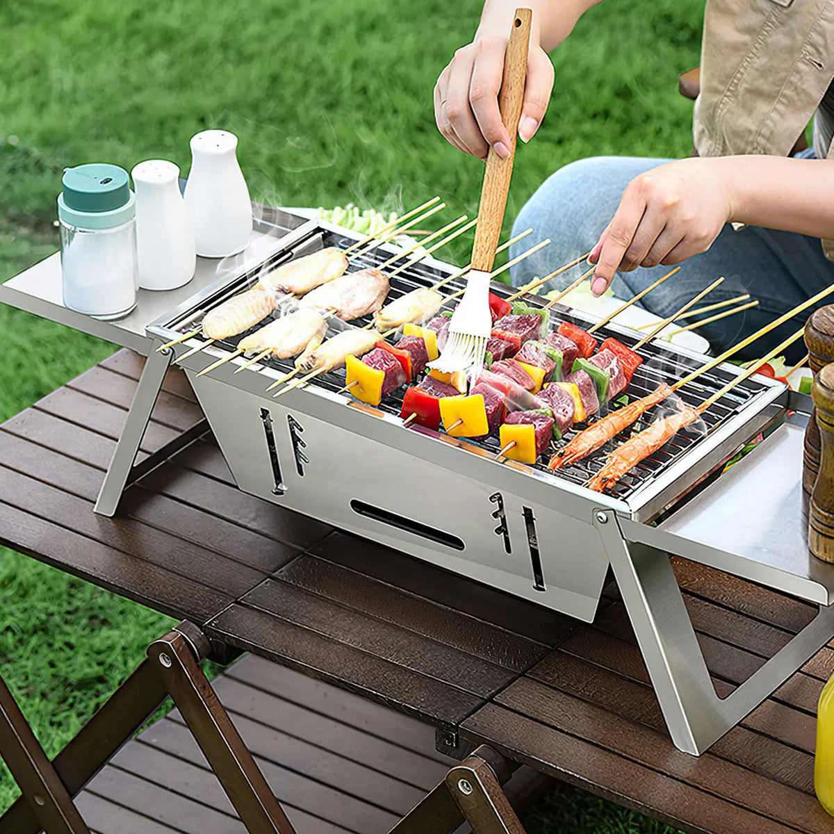 Foldable Charcoal BBQ Grill Stainless Steel Grill Net Easy Setup Portable Tabletop Barbecue Grill for Camping Picnic Outdoor Party Backyard