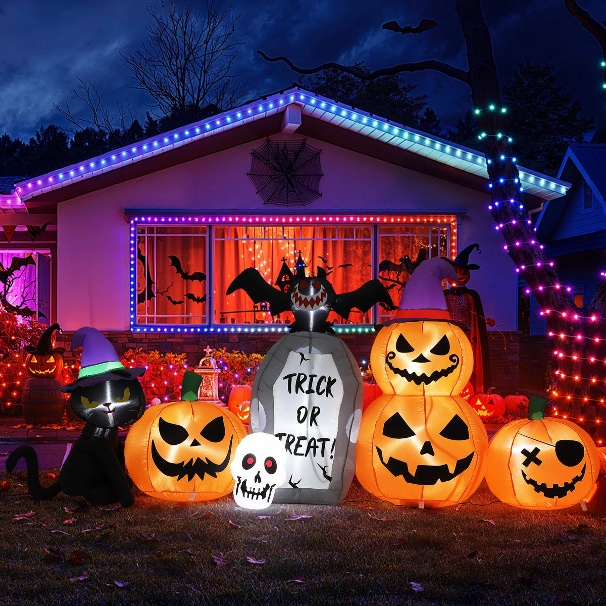 HiMISS Halloween Black Cat Pumpkin Tombstone Inflatable LED Yard Decor