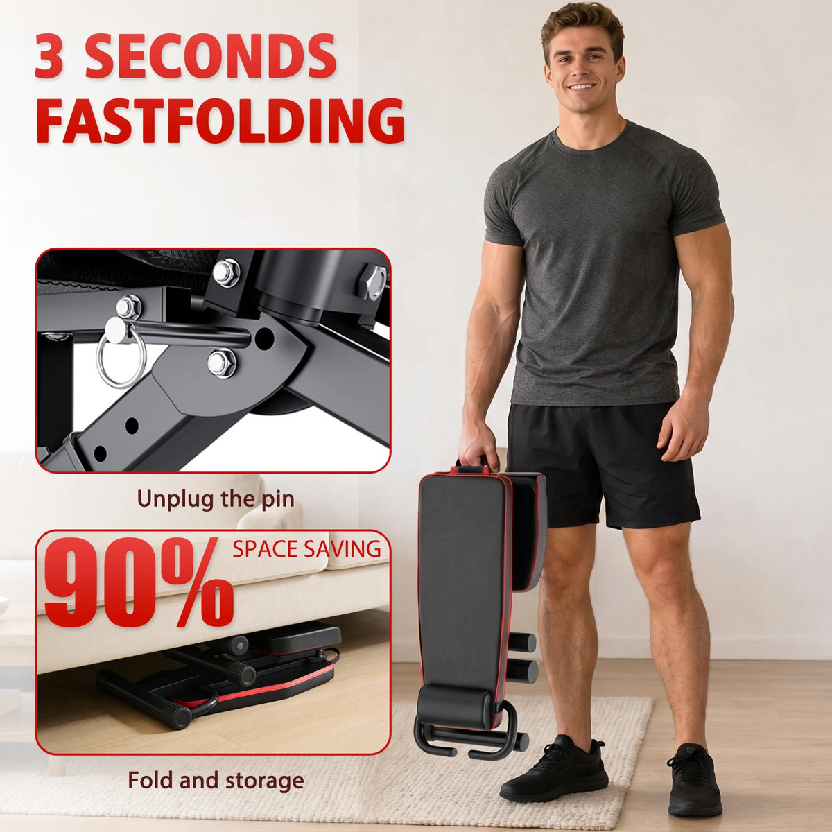 Foldable Weight Bench With Adjustable Backrest And Resistance Bands