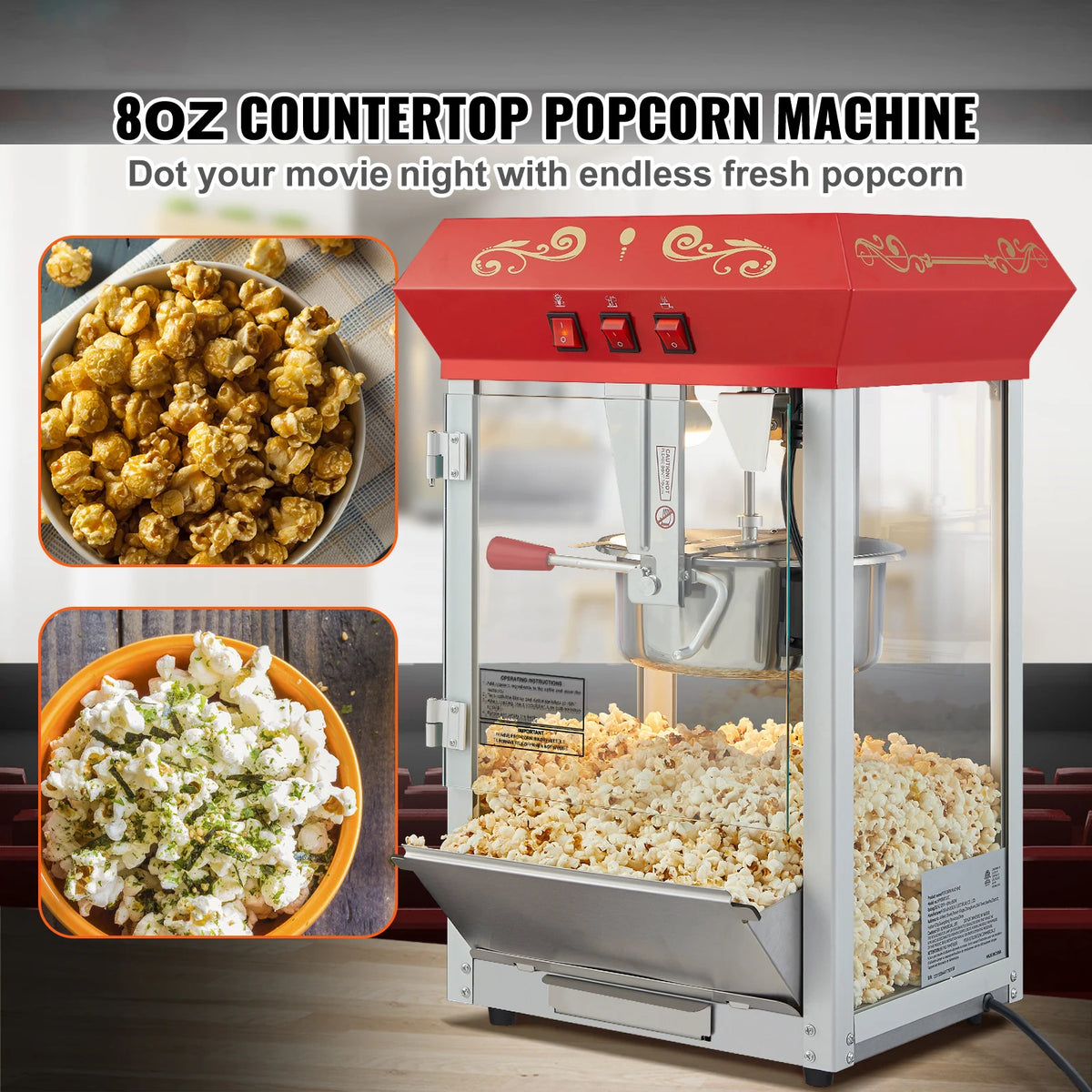 Commercial Countertop Popcorn Maker With Tempered Glass Kettle