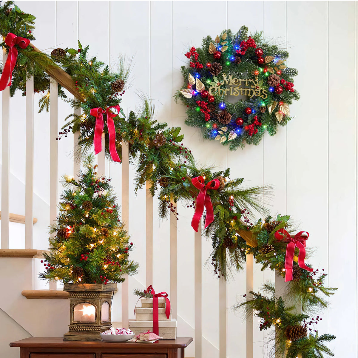 Battery Operated Christmas Wreath With LED Lights And Pine Cones