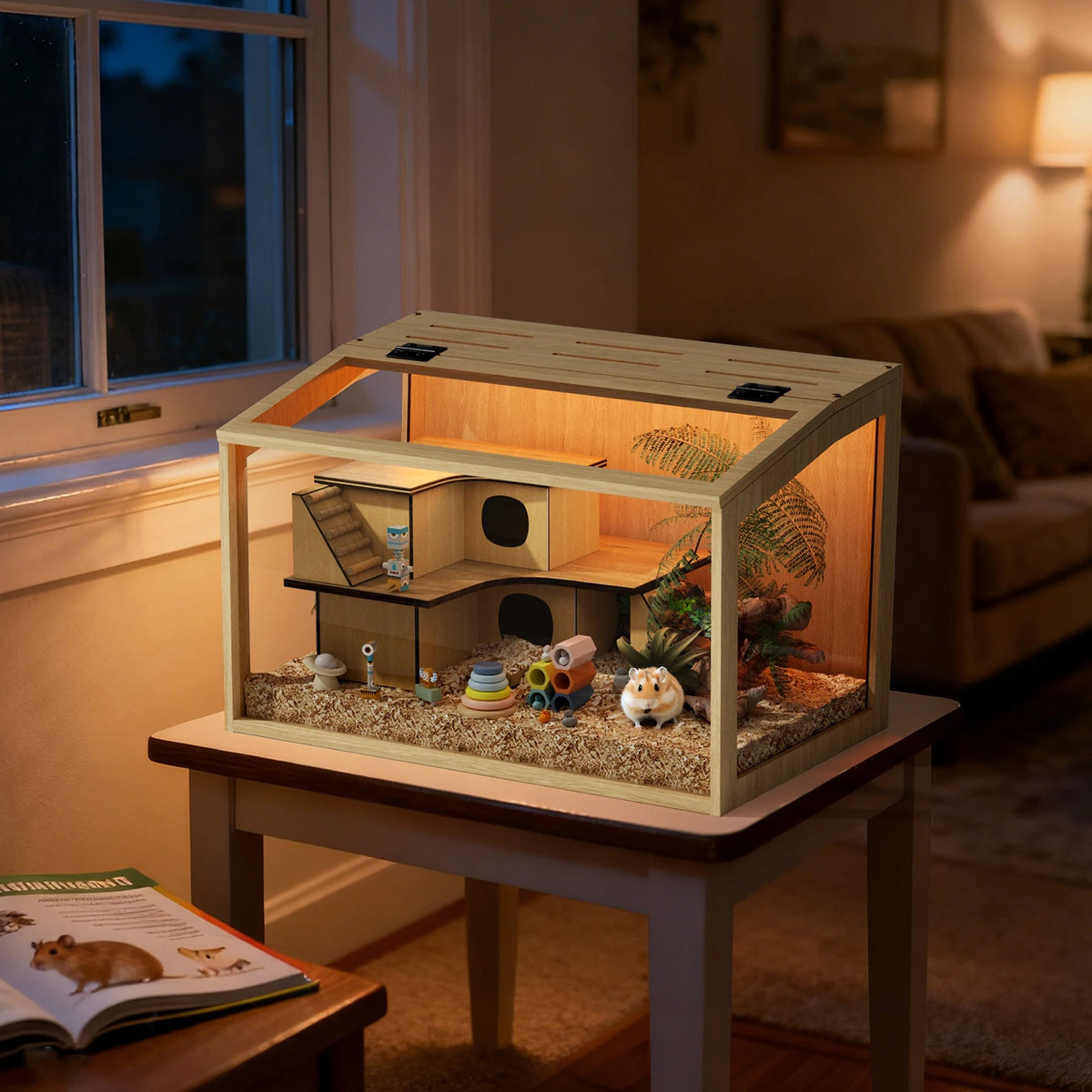 Bingopaw Wooden Hamster Cage With Tempered Glass And LED Light