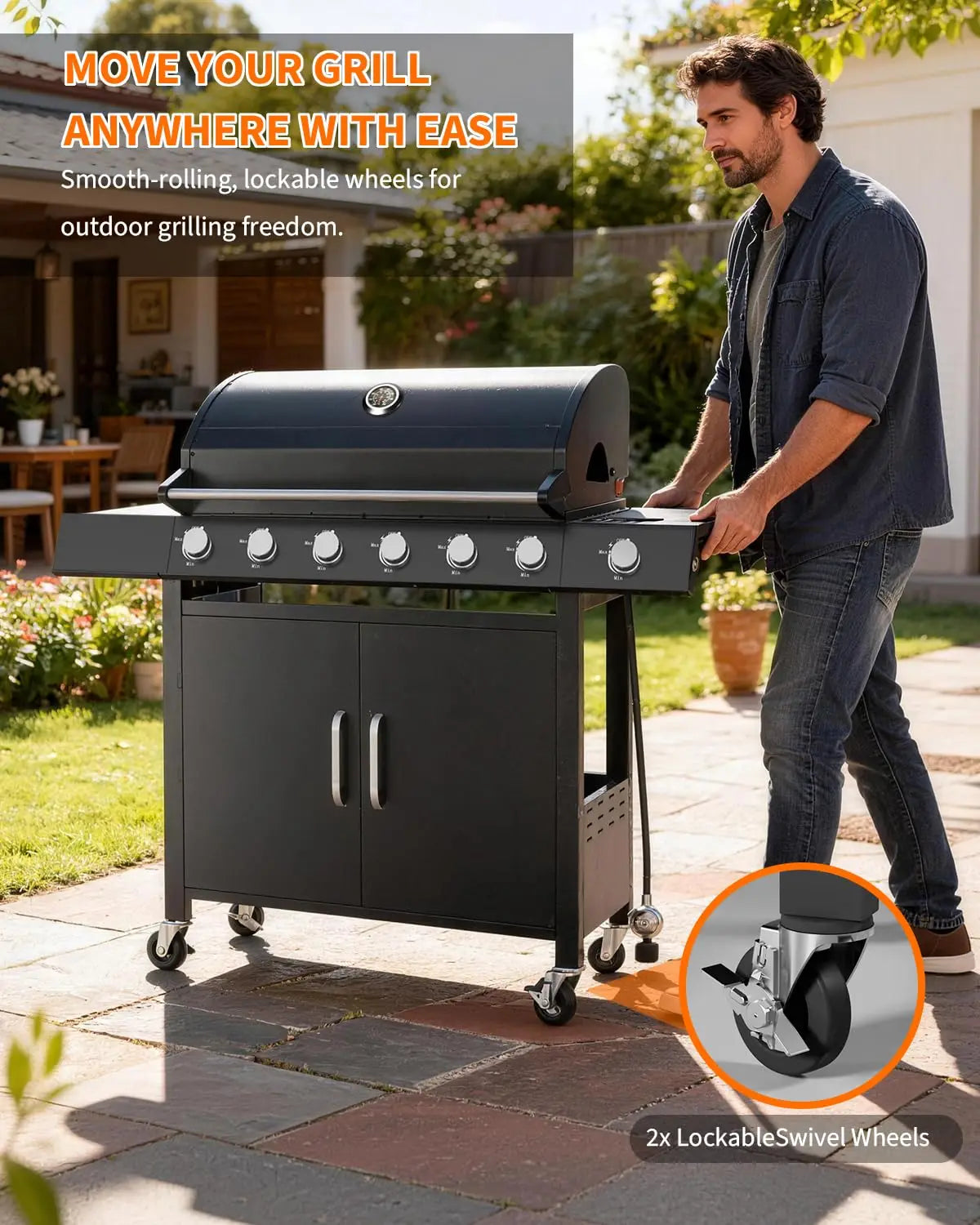 Outdoor Gas Grill with Side Burner, Warming Rack, Storage Cabinet
