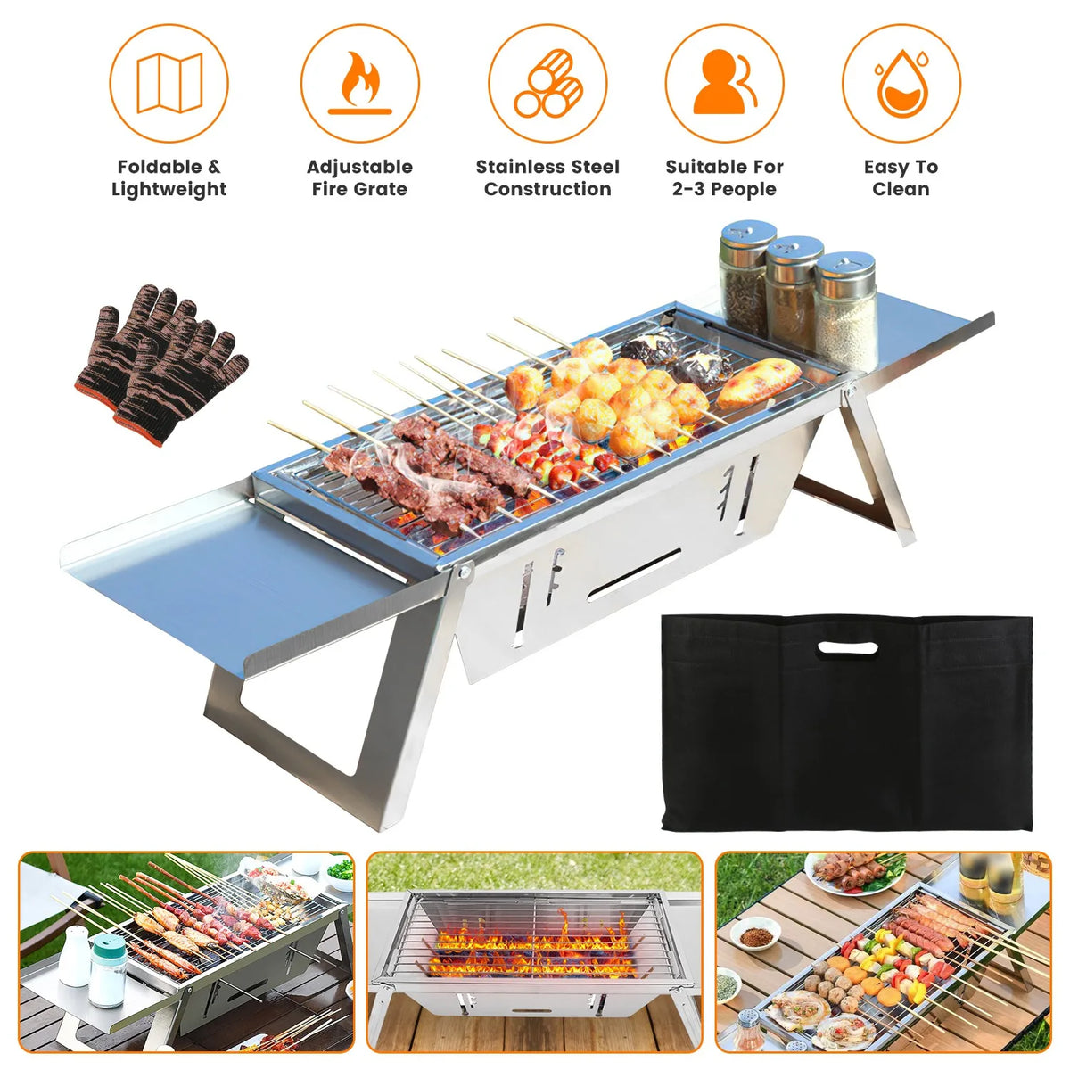 Foldable Charcoal BBQ Grill Stainless Steel Grill Net Easy Setup Portable Tabletop Barbecue Grill for Camping Picnic Outdoor Party Backyard