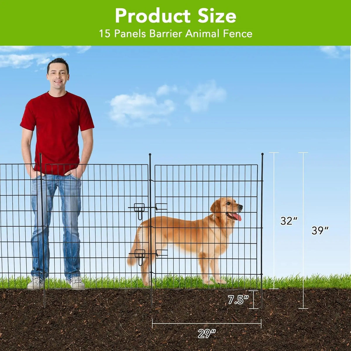 Rustproof Metal Garden Fence Panels, 15 Pack No-Dig Animal Barrier for Dogs Rabbits, Decorative Flat Top Fencing with 16 Ground Stakes & Door, 29" W x 32" H for Yard Patio Flower Bed