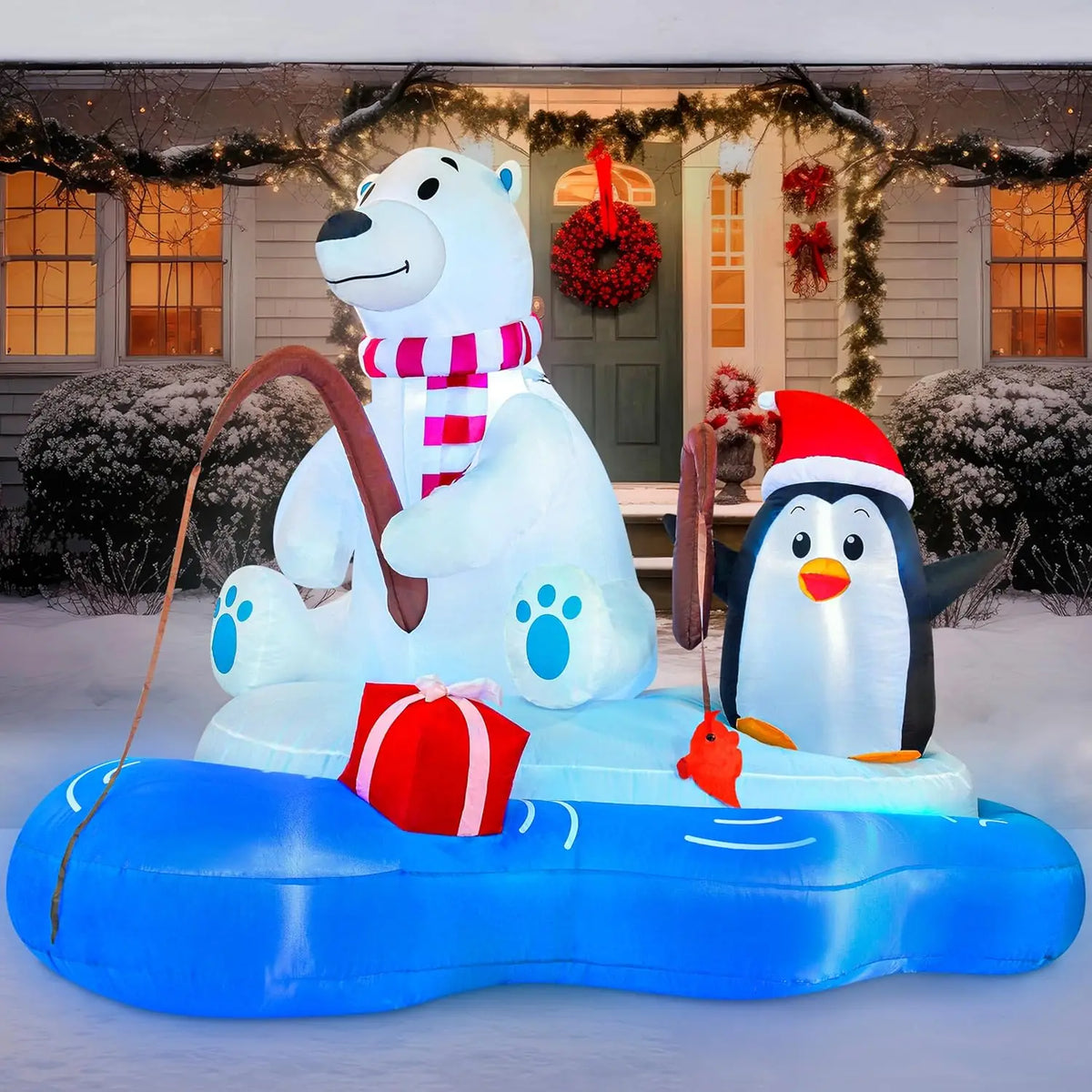 Joyfy Christmas Inflatable Polar Bear Fishing With Penguin LED Decor