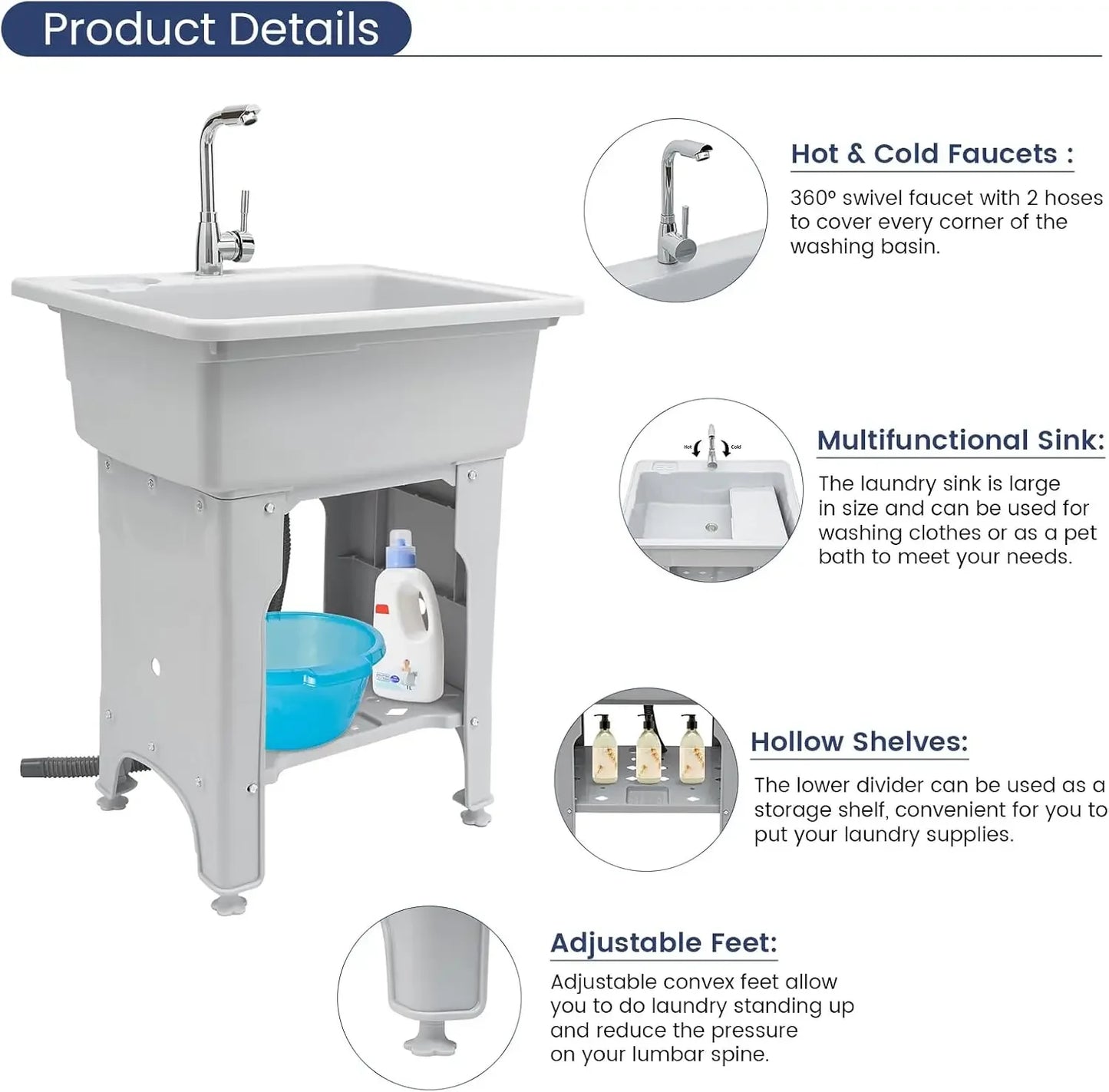 Bymaocar Freestanding Heavy Duty PP Utility Laundry Sink