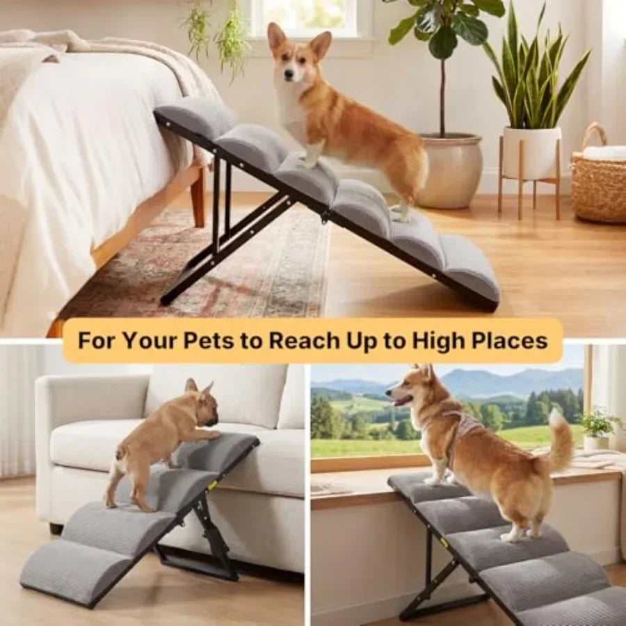Dog ramp for bed and couch use, aluminum alloy frame, black color, foldable with 5 adjustable heights 12 to 20,non-slip surface